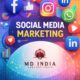 Social media marketing in digital age showing Facebook, Instagram, LinkedIn icons for online business growth