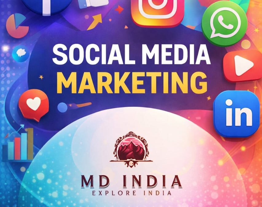 Social media marketing in digital age showing Facebook, Instagram, LinkedIn icons for online business growth