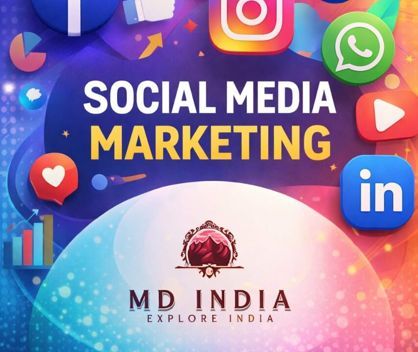 Social media marketing in digital age showing Facebook, Instagram, LinkedIn icons for online business growth